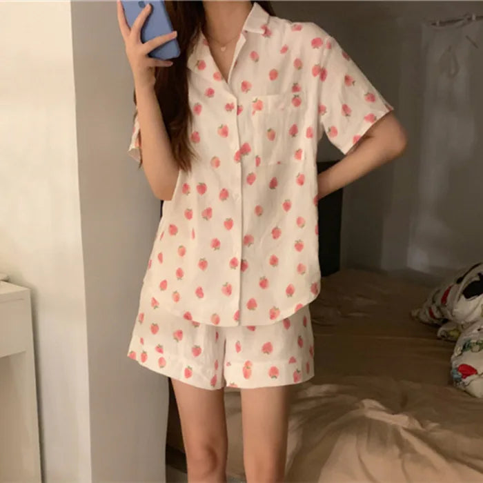 Women’s Pajama Set – Short Sleeve Top & Shorts, Printed Loungewear