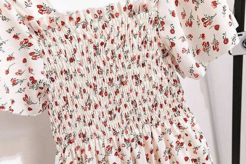 Elegant Korean Summer Floral Dress Style- with Square Neckline, Ruffle Details & Elastic Waist