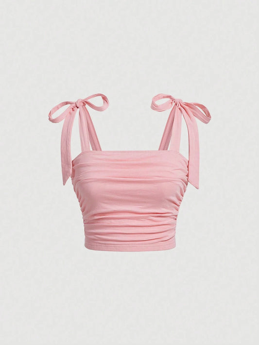 Women's Y2K Ruched Tie-Shoulder Crop Cami – Pink Backless Top