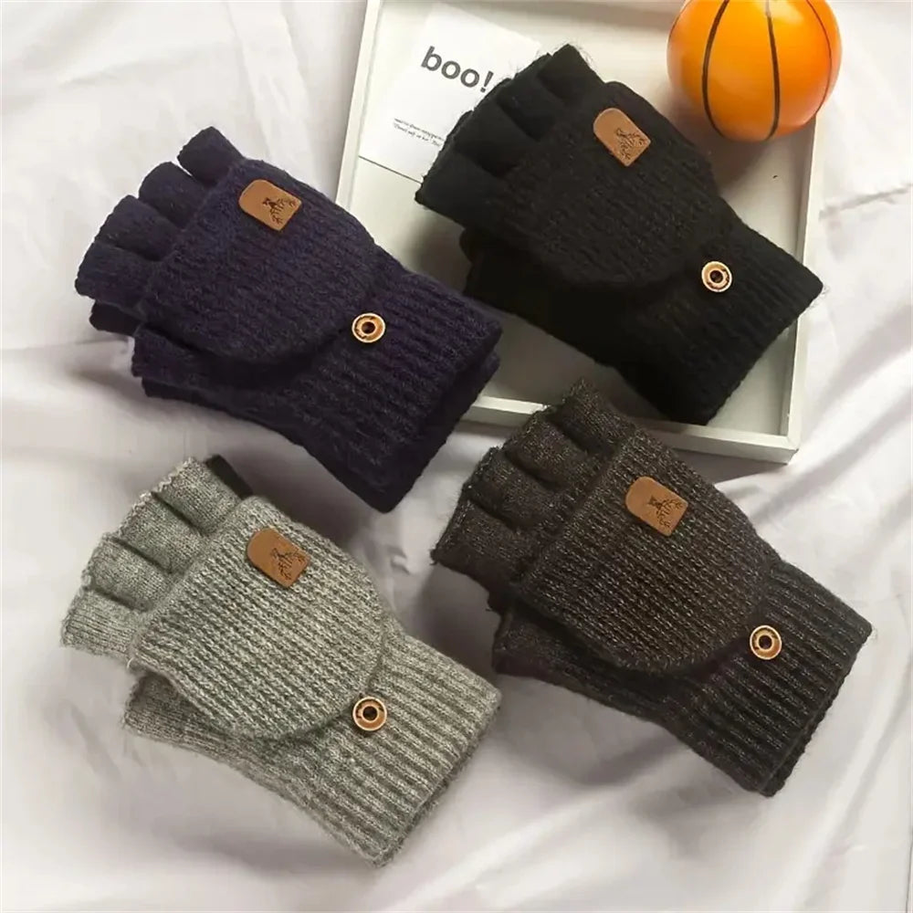 Winter Knitted Flip-Top Gloves – Warm, Windproof, Half-Finger Design for Men & Women