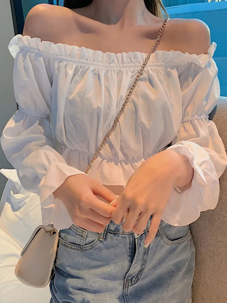 Women’s Off-Shoulder Puff Sleeve Blouse – Ruffle, Crop Top, White