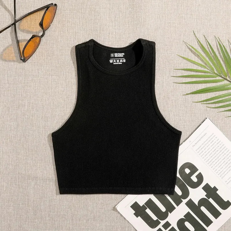 Women’s Seamless Rib-Knit Yoga Crop Top – Sleeveless, Breathable, No Pads