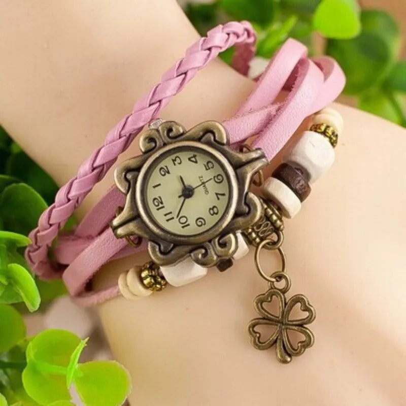 Vintage Leather Bracelet Watch – Butterfly & Clover Pendant