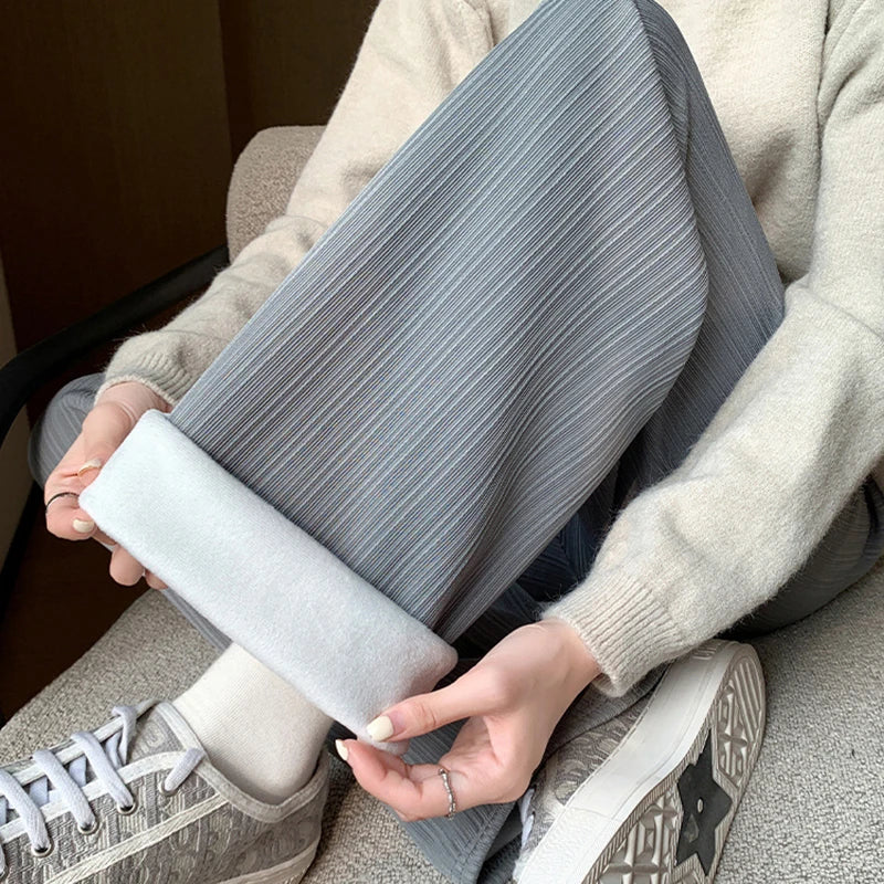 Casual Fleece Lined Wide Leg Pants Women High Waist Warm Winter Trousers Solid Color Loose Straight Pocket Pants