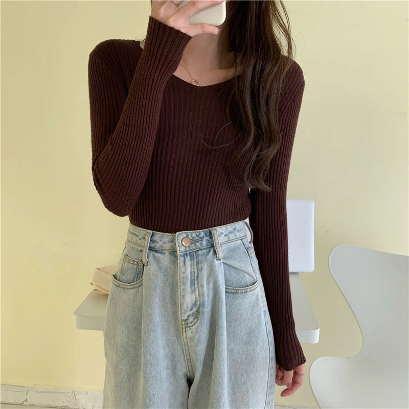 2025 Autumn Winter Women's Knitted Pullover Sweater – Casual Long Sleeve Solid Top