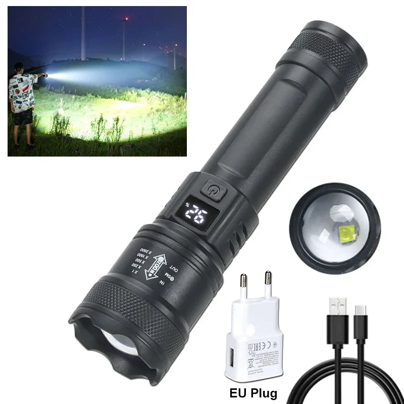 2000LM LED Tactical Flashlight – USB Rechargeable Zoom Torch