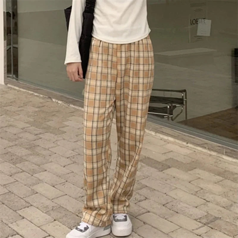 Women’s Winter Plaid Wide-Leg Pants – High-Waist & Fleece-Lined