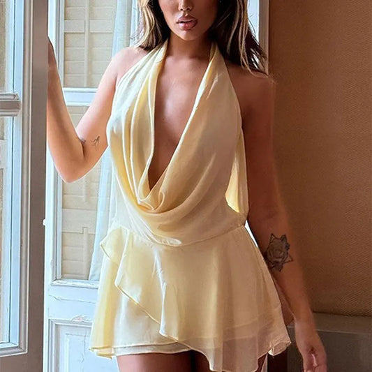 New Women’s Halter Mini Dress – Solid Sleeveless V-Neck Slim Fit Summer Casual Streetwear