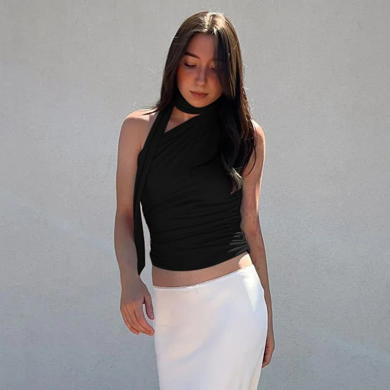 Women’s Backless Halter Crop Top – Sexy Off-Shoulder Sleeveless Y2K Clubwear, Summer 2024