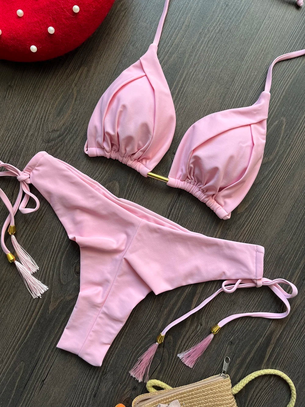 2025 Sexy Triangle Bikini Set – Halter Push-Up Swimwear with Chain