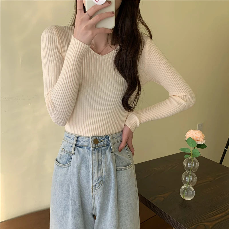 2025 Autumn Winter Women's Knitted Pullover Sweater – Casual Long Sleeve Solid Top