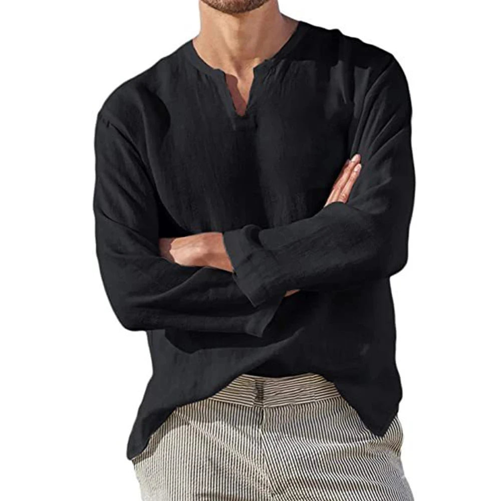 2025 Men's Cotton Linen V-Neck Shirt — Breathable, Solid Color, Casual Long Sleeve Blouse