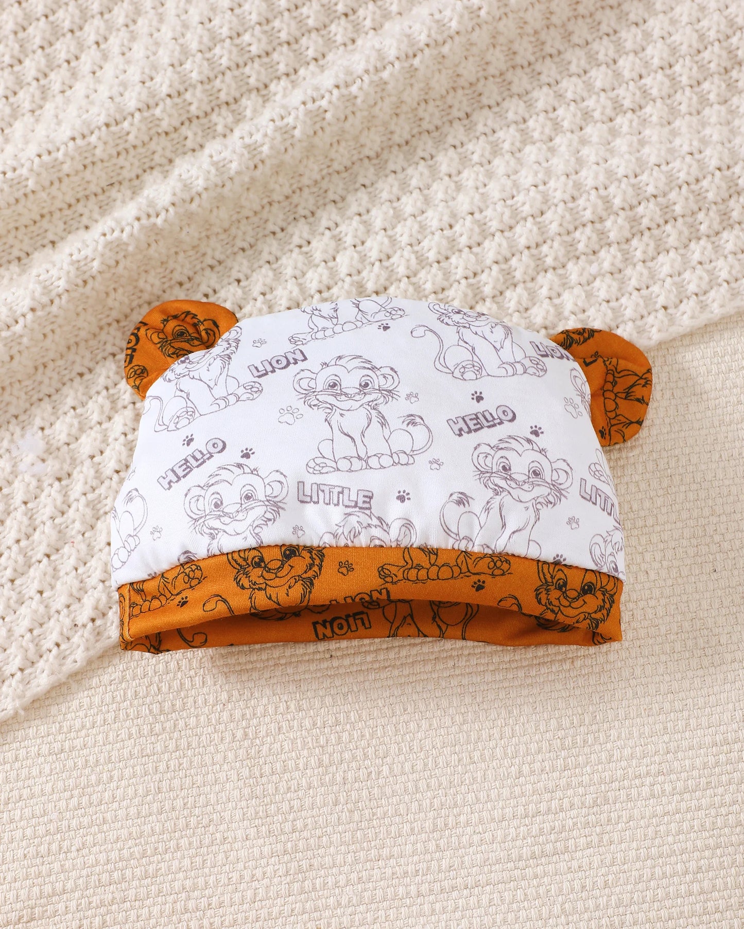 Cartoon Lion Print Top, Pants & Hat. Stylish Summer Outfit for Newborns.