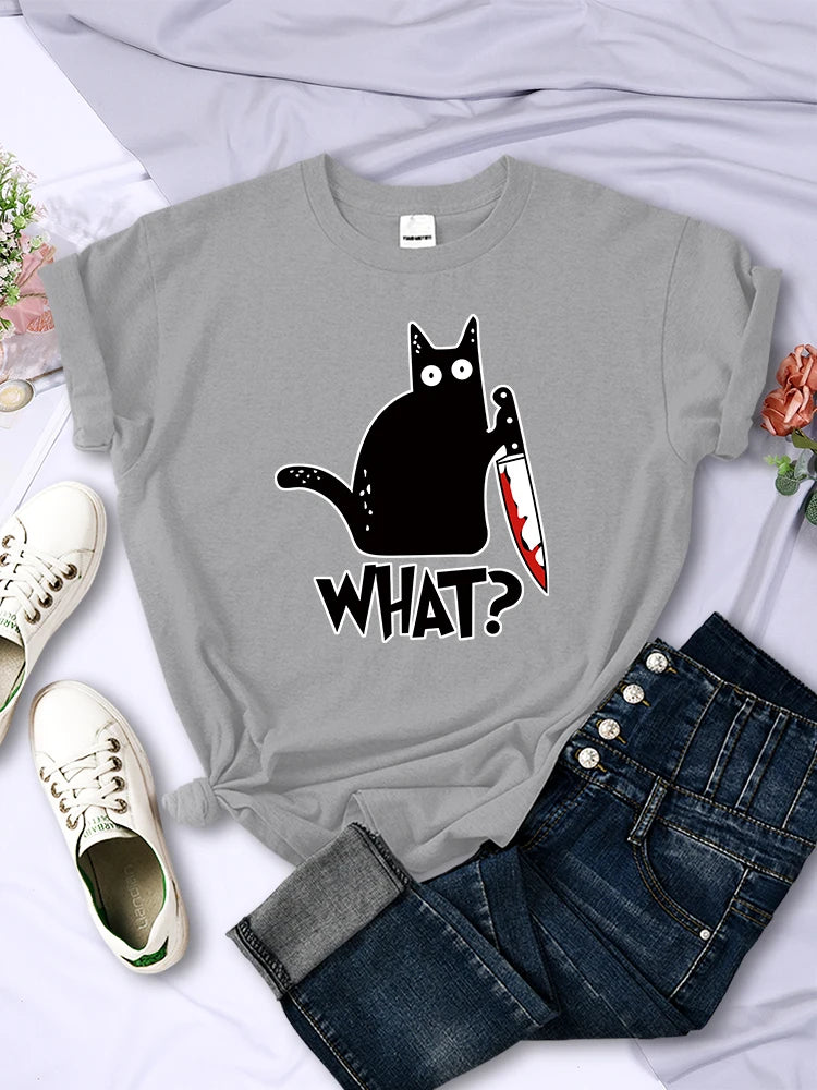 Black Cat Knife Tee – Women’s Short Sleeve Summer Streetwear