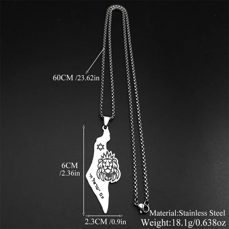 Israel Map Lion of Judah Star of David Pendant Necklace – Gold Stainless Steel.