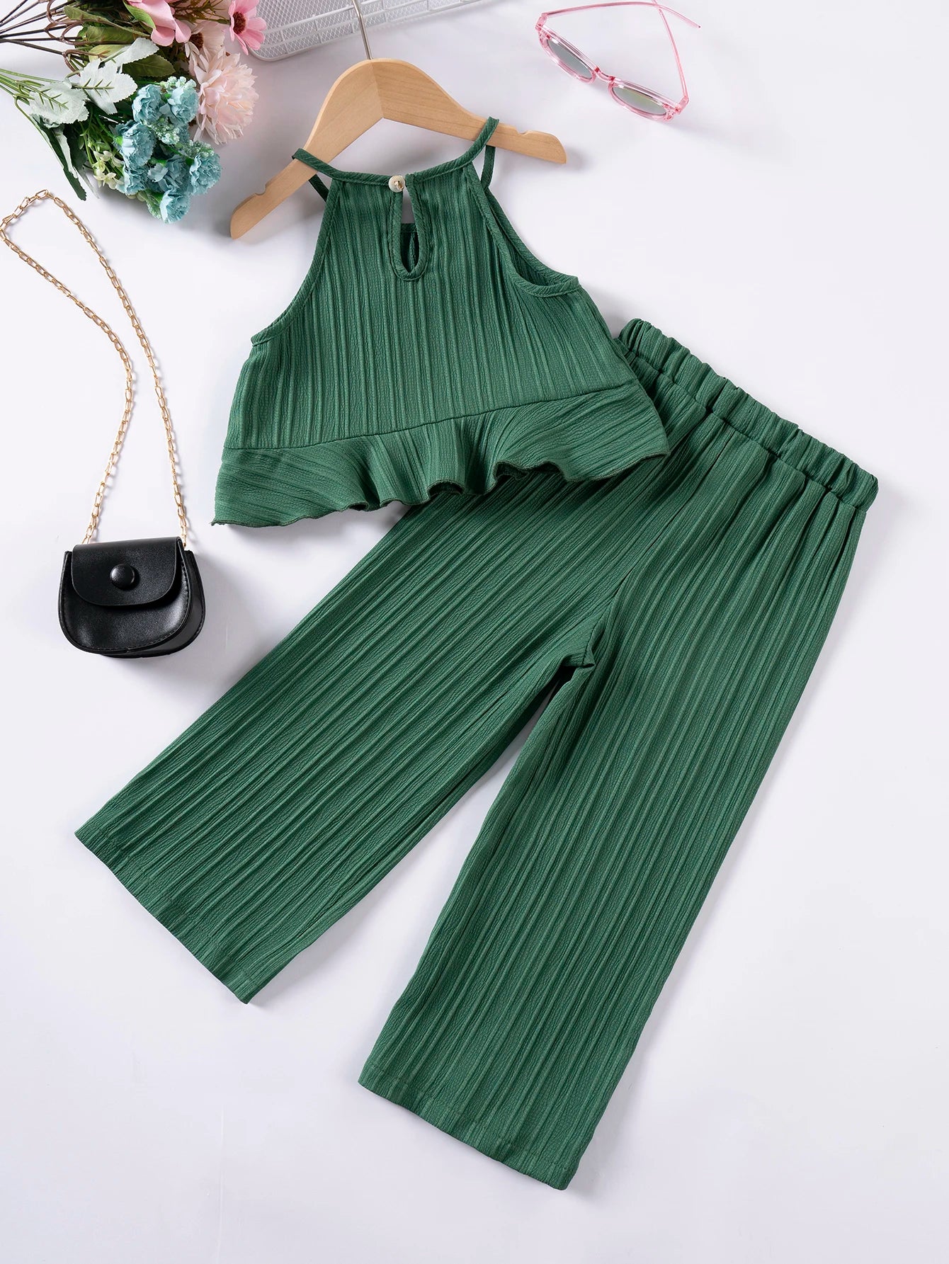 Girls’ Summer Halter Top & Wide-Leg Pants Set – Beach Vacation Outfit