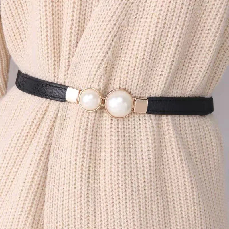 Elegant Double Pearl Buckle Elastic Belt – Thin Strap Waistband for Dresses & Skirts