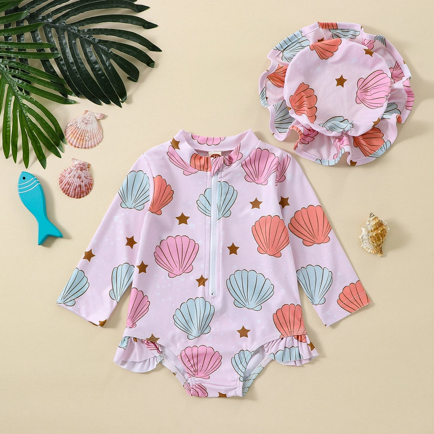 Baby Girl Swimsuit Set — 0–2Y Long Sleeve Floral/Shell Print with Hat, Spring/Summer