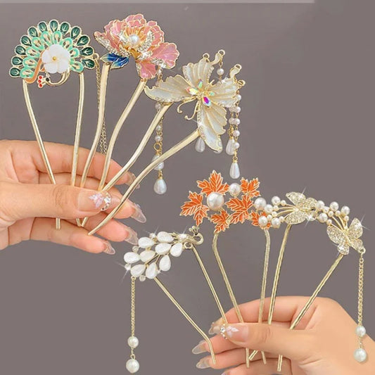 Elegant Chinese Style Floral U-Shaped Hair Clip Tassel Hair Stick Luxury Hairstyle Accessory Women Jewelry Hairpin Hairneedle