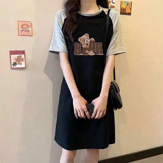 Maternity Bear Print Dress – Casual Round Neck Summer Dress