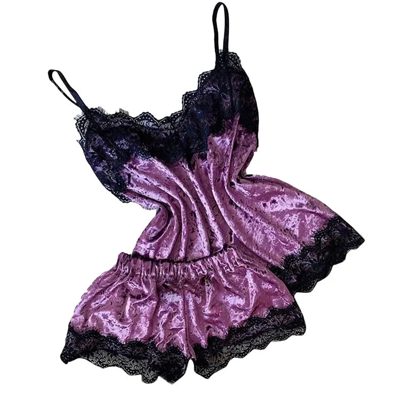 Women’s Sexy Lingerie Sleepwear – Velvet Pajama Set with V-Neck Camisole & Bow Shorts
