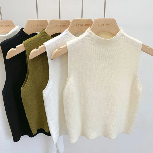 Women’s Knitted Sleeveless Tank Top – Solid Color, Cropped, Half-Turtleneck