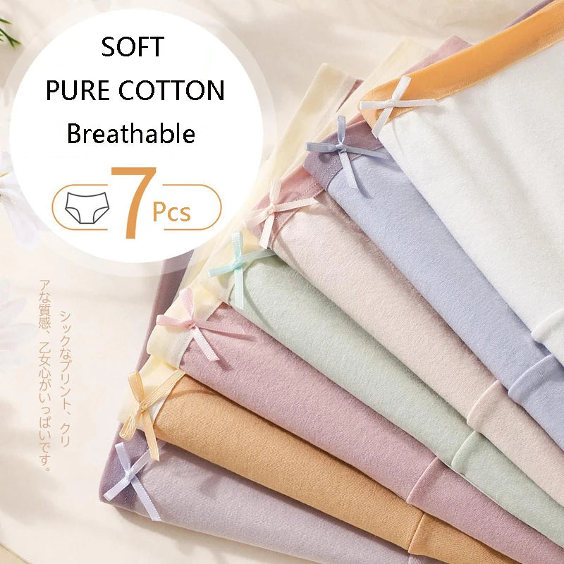 7Pcs Women’s Cotton Panties – Breathable Low-Waist Briefs with Cute Bow, Soft Comfortable Lingerie
