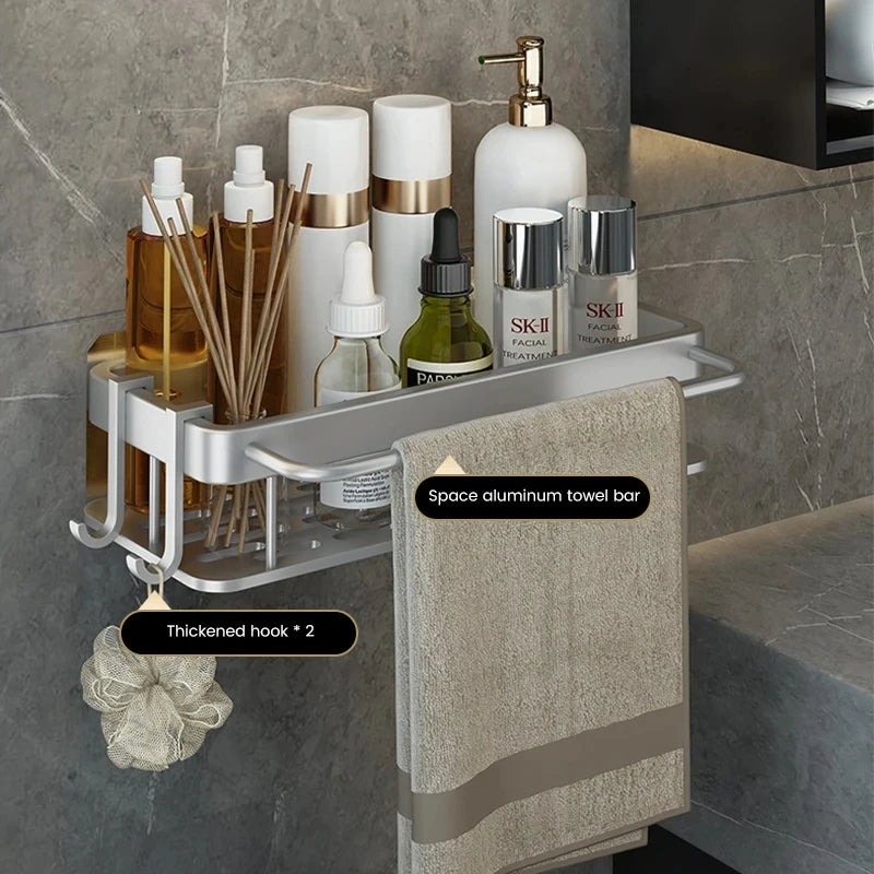 No-Drill Corner Bathroom Shelf – Wall-Mount Aluminum Rack for Towels, Shampoo & Kitchen Storage