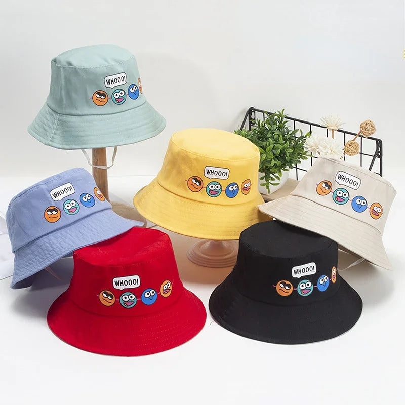 Korean Cute Cartoon Kids Bucket Hat – Boys & Girls Outdoor Sun Cap with Windproof Rope