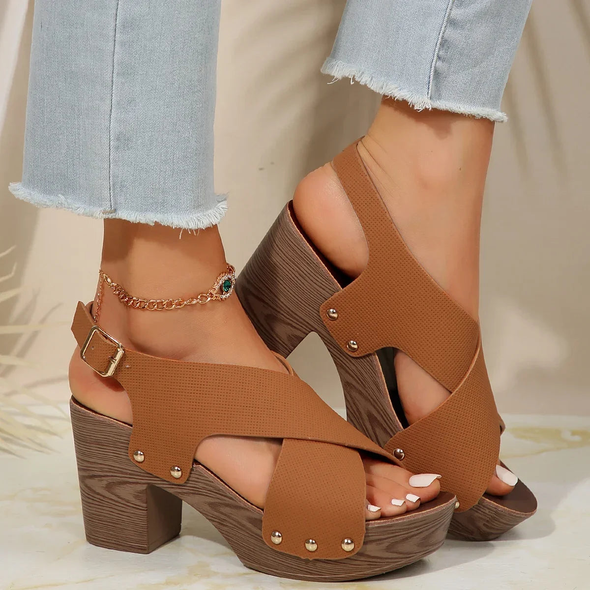 Women's Roman Wedge Sandals – Comfy High Heels with Metal Buckle