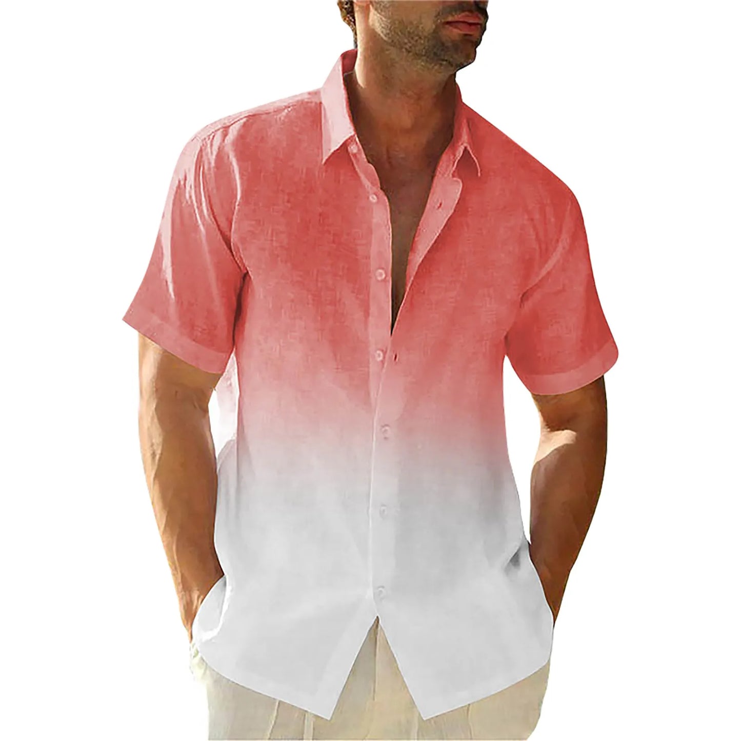 Men's Gradient Cotton Linen Button-Up Shirt — Casual Streetwear Cardigan