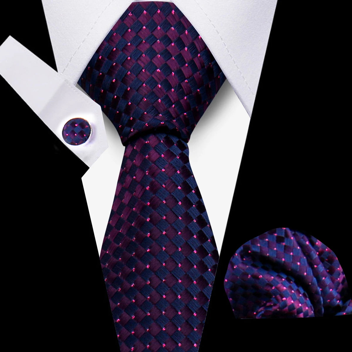 Classic Men’s Tie Set Plaid Necktie with Pocket Square & Cufflinks Business Wedding Gift Accessories