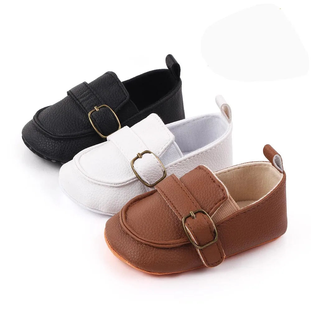 Fashion Infant Crib Shoes — PU Leather Loafers for Baby Boys, Anti-Slip Soft Sole, Black