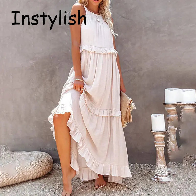 Women’s Casual Solid Ruffle Maxi Dress – Sleeveless Summer Beach Sundress, Elegant Party Vestido
