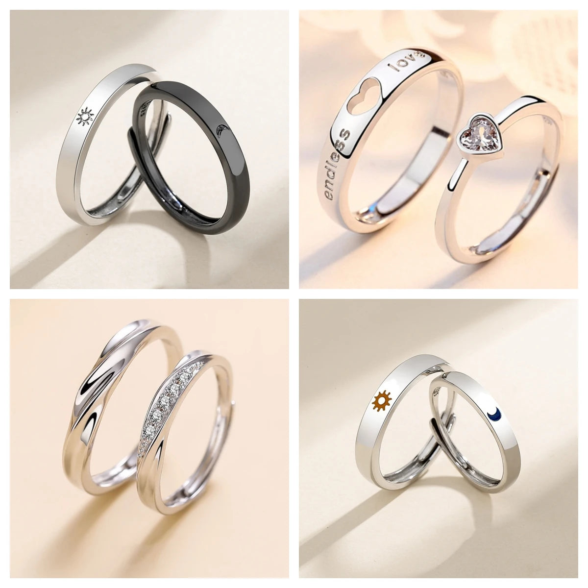 New Silver Sun & Moon Adjustable Couple Rings – Unisex Wedding Jewelry
