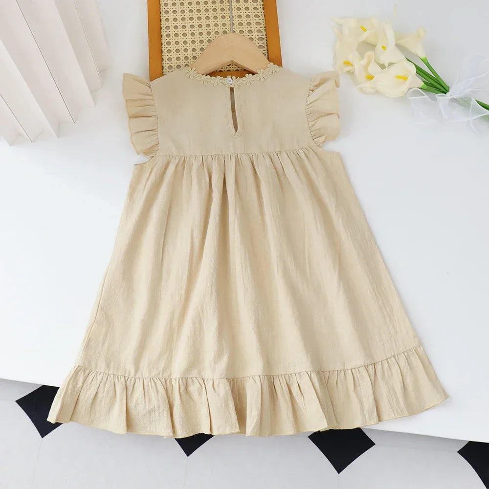 Girls’ Summer Khaki Embroidered Ruffle Edge Dress Sleeveless with Pocket