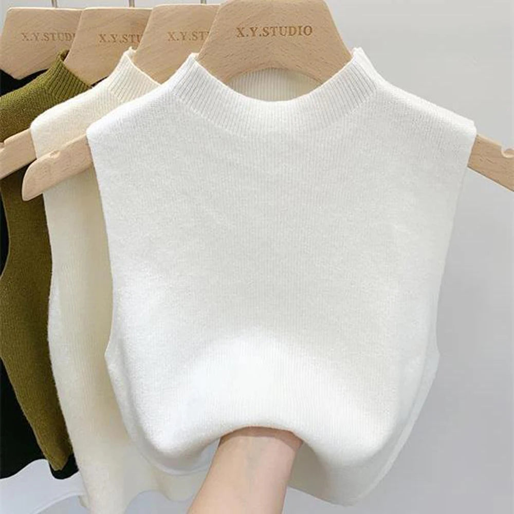 Women’s Knitted Sleeveless Tank Top – Solid Color, Cropped, Half-Turtleneck