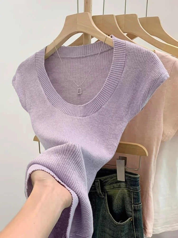 AOSSVIAO U-Neck Ribbed Knit Top – Slim Fit Summer Pullover