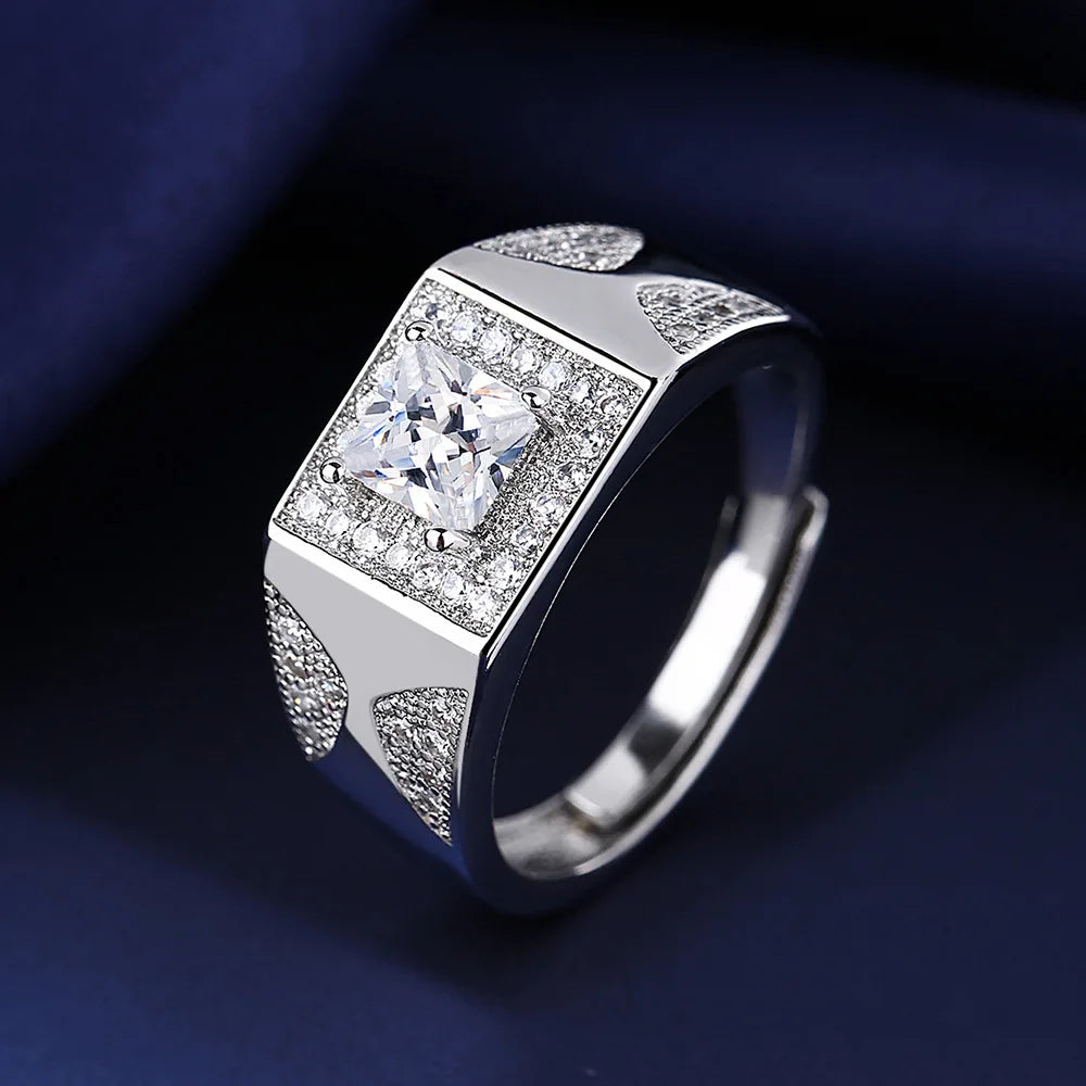 925 Sterling Silver Adjustable Crystal Ring – Fashion Wedding & Engagement Jewelry for Men