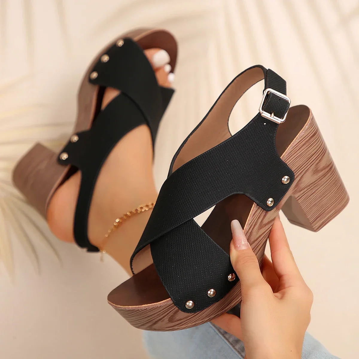 Women's Roman Wedge Sandals – Comfy High Heels with Metal Buckle