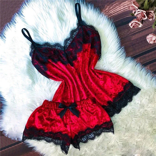 Women’s Sexy Lingerie Sleepwear – Velvet Pajama Set with V-Neck Camisole & Bow Shorts