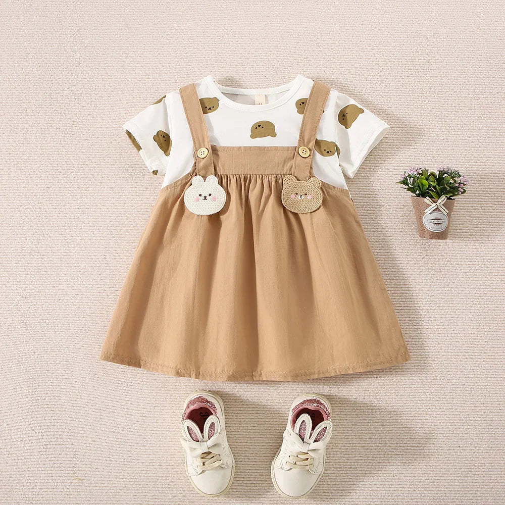 Baby Girl Teddy Bear Print Fake Two-Piece Summer Dress.