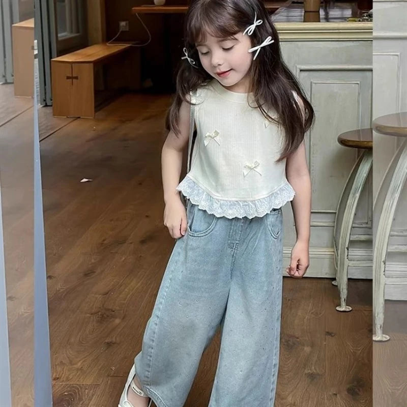 Stylish Children Tank Tops Vest Girls Summer Short Sleeveless Bow-Knot Floral Lace Clothes Kids Casual Wear Cute T-Shirt