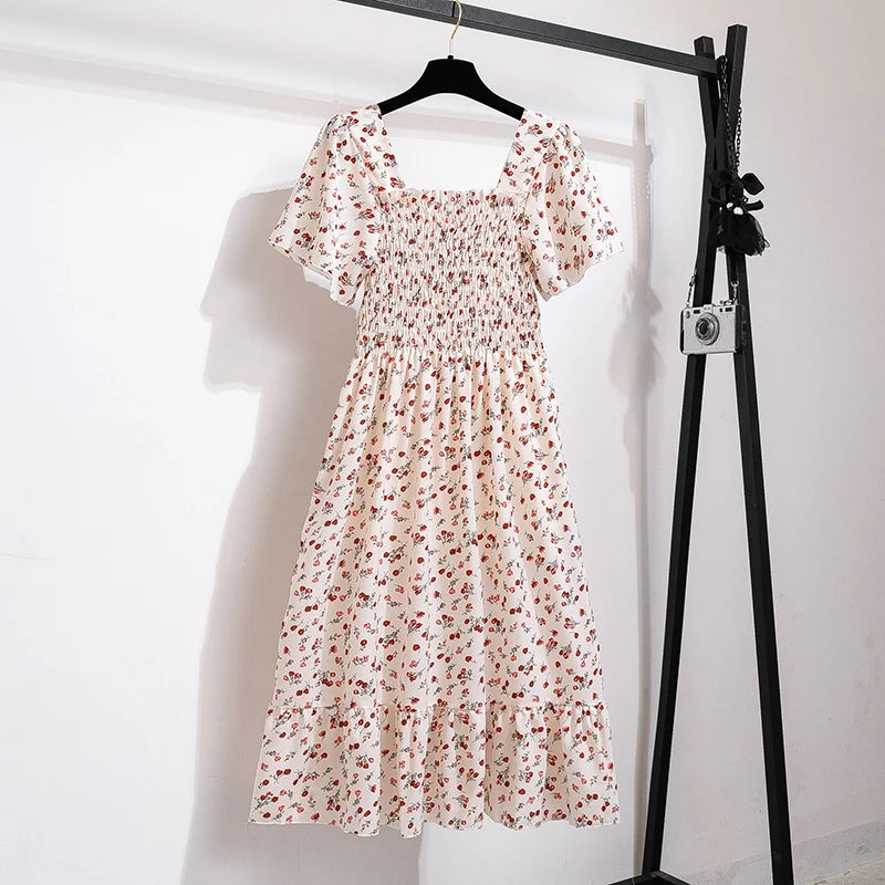 Elegant Korean Summer Floral Dress Style- with Square Neckline, Ruffle Details & Elastic Waist