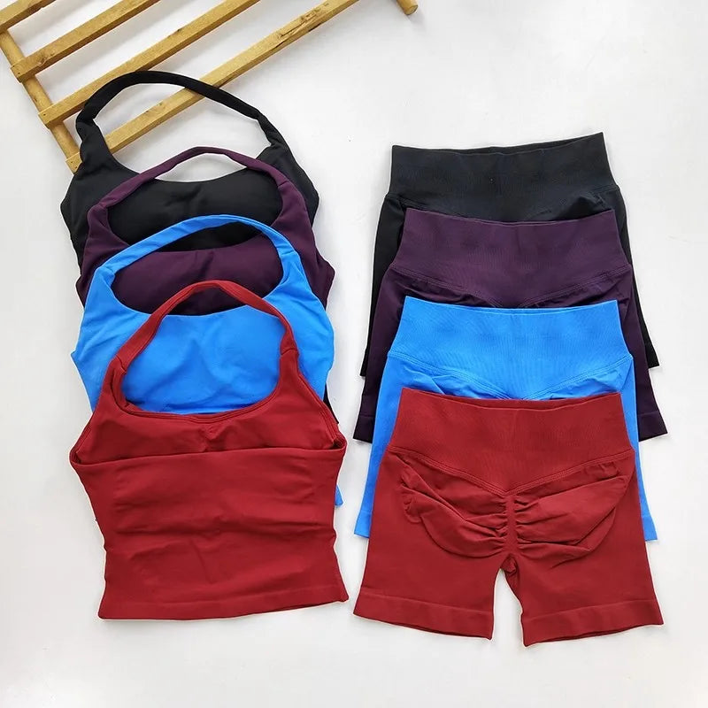 Women’s 2-Piece Yoga & Gym Set – Backless Halter Top & High-Waist Seamless Shorts