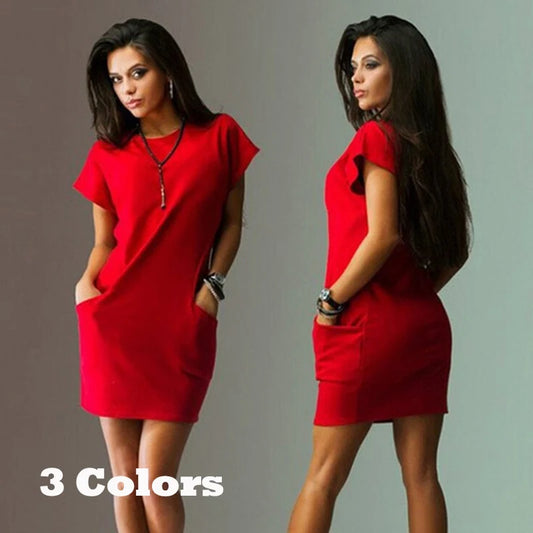 Women's Tricolor Slim Fit Summer Dress, S-2XL, Short-Sleeved, Solid Color