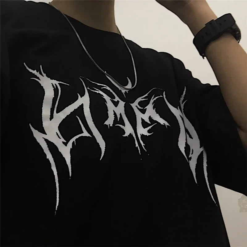 Women’s Punk Letter Print Tee – Loose Hip-Hop Graphic T-Shirt
