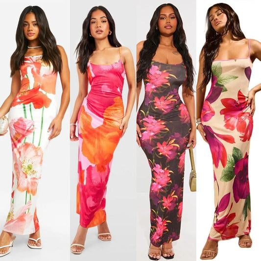 Women's Y2K Floral Slip Maxi Dress – Spaghetti Strap, Bodycon Beachwear