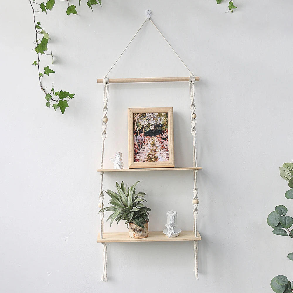 Wooden Macrame Wall Shelf – Boho Floating Display for Home, Living Room, Nursery Décor