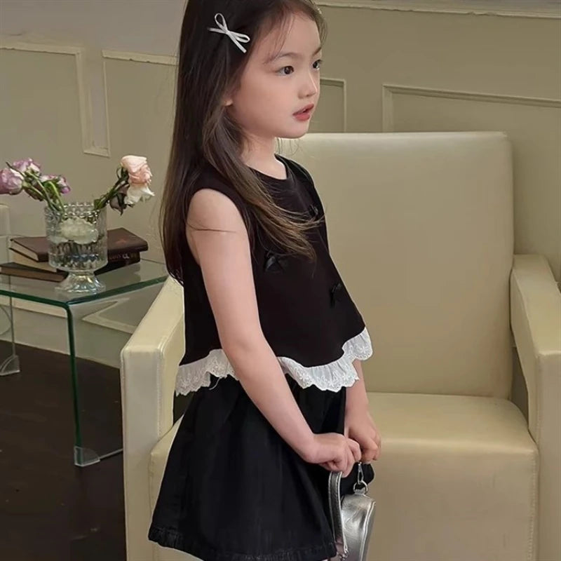 Stylish Children Tank Tops Vest Girls Summer Short Sleeveless Bow-Knot Floral Lace Clothes Kids Casual Wear Cute T-Shirt